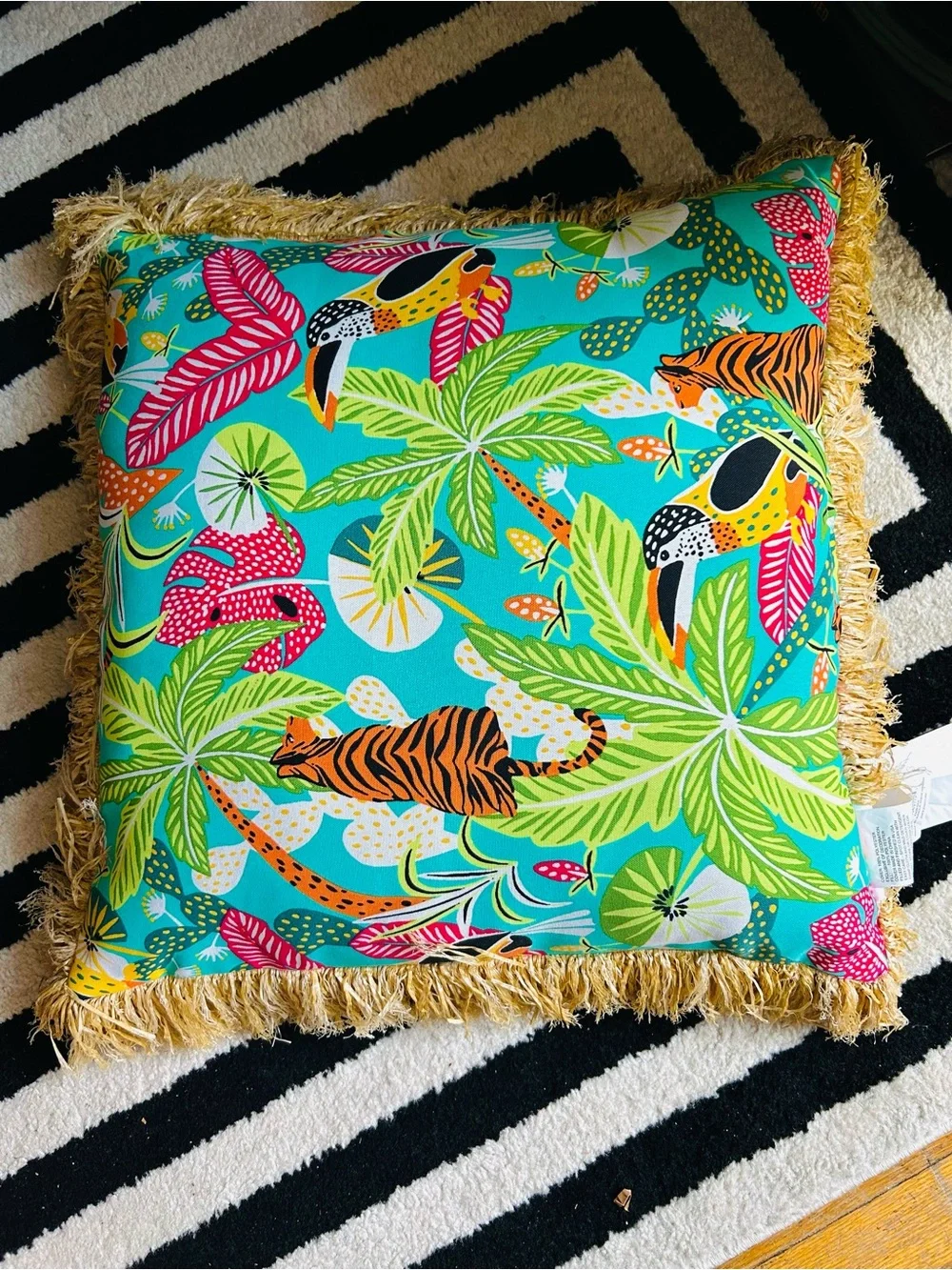 Oversized Statement Raffia Fringe Pillow Tropical Safari Print‎ 20”